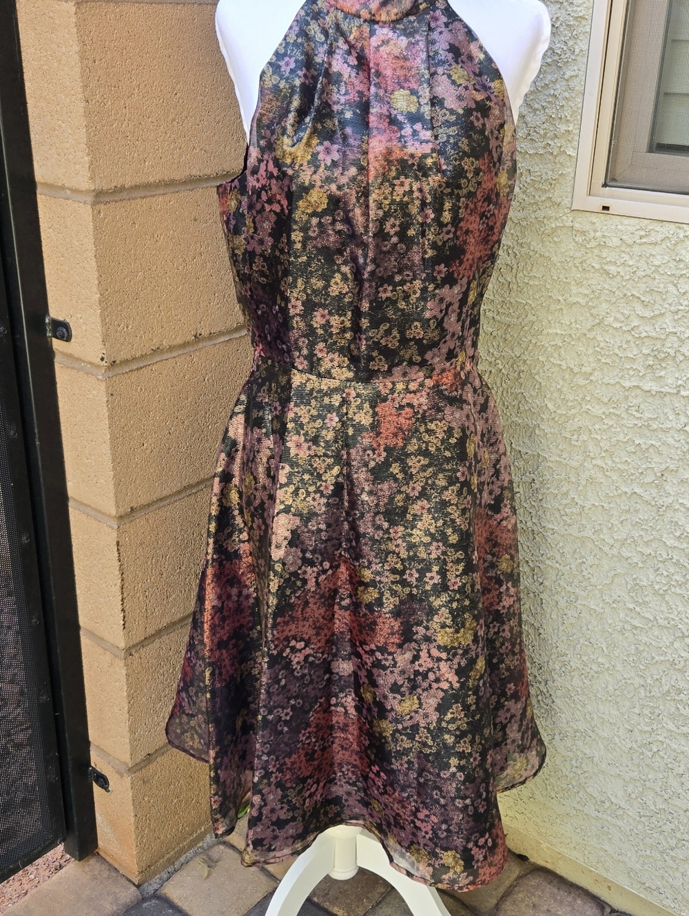 Black Halo Audrey Floral Halter Fit-and-Flare Dress in Multi-Pink - Picture 3 of 13